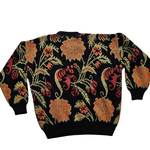 VTG Cabin Creek crew sweater floral black gold rust size Large AS IS - Picture 2 of 5